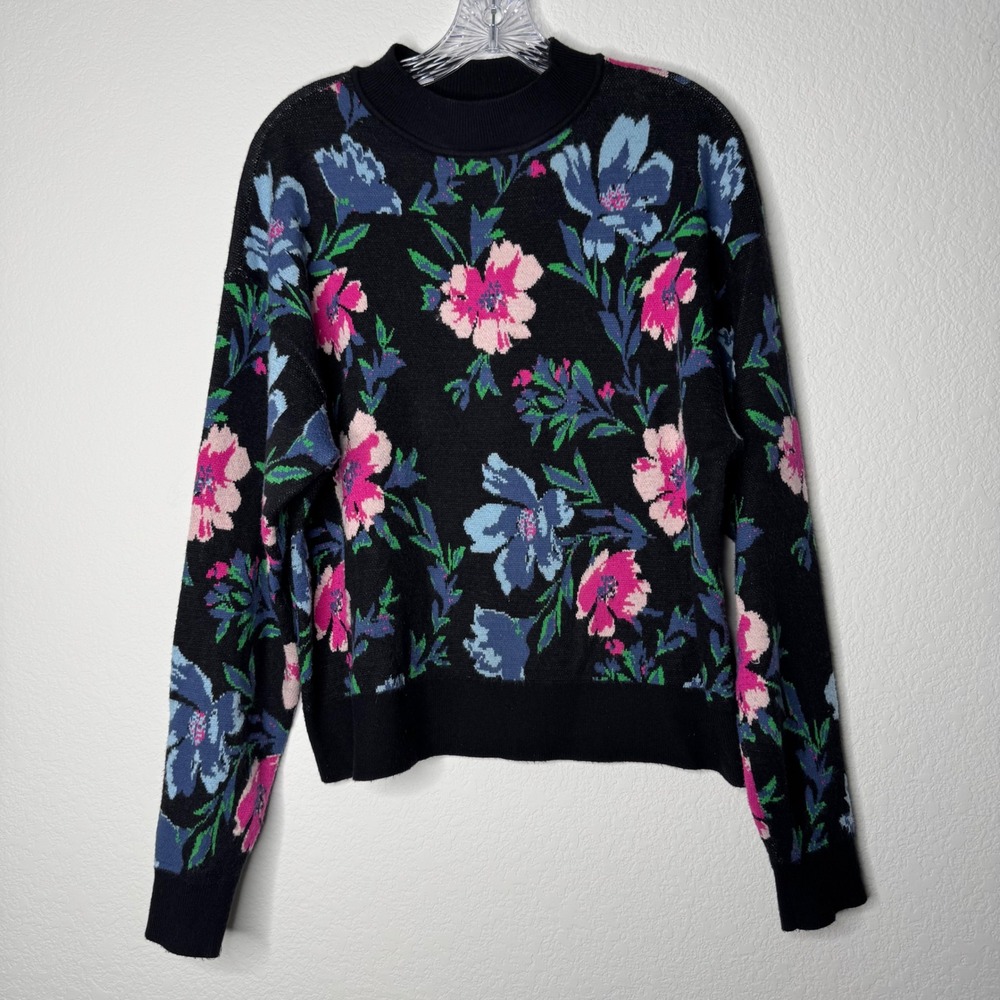 Christy Lynn Floral Intarsia Knit Mock Neck‎ Sweater Black Pink Blue Size Medium